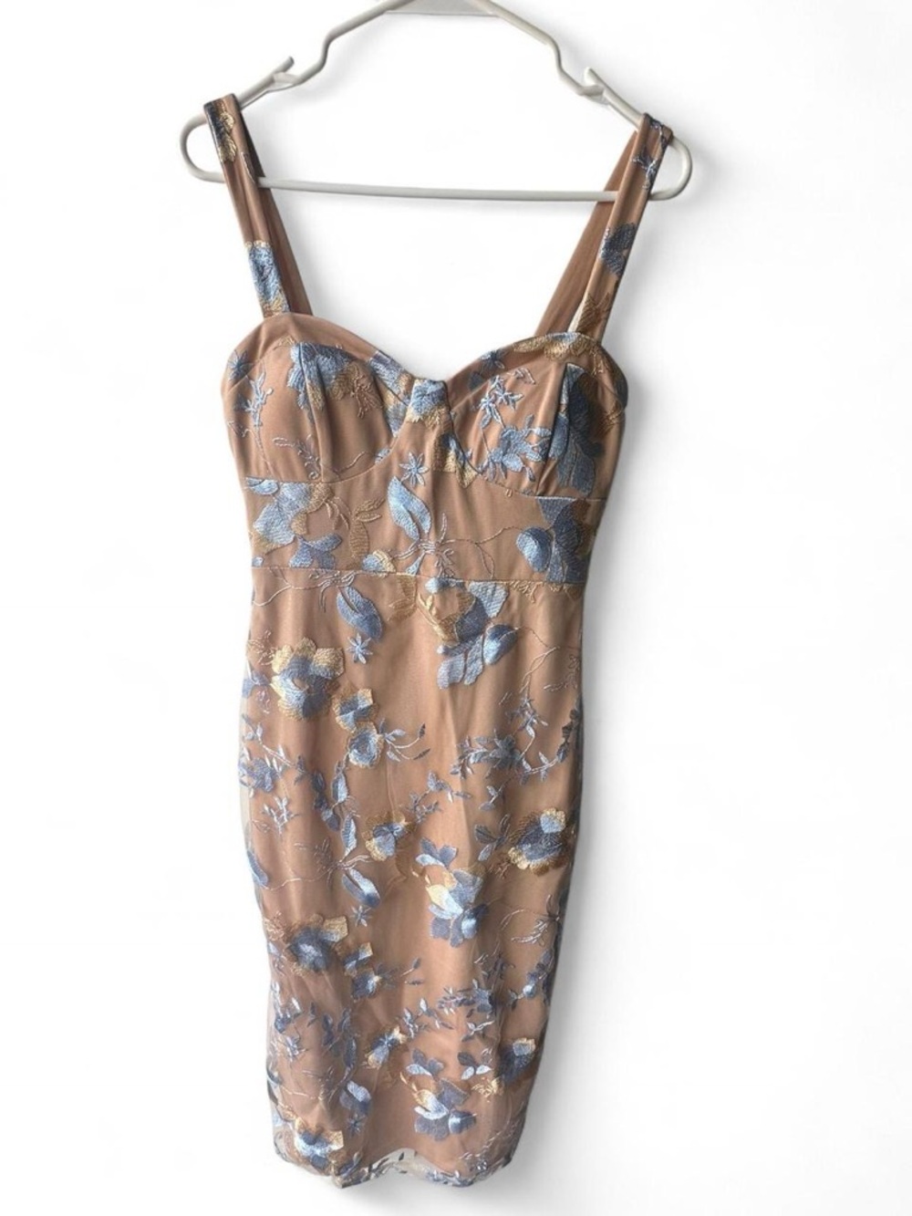 Lulu's Beige and Blue Embroidered Bustier Bodycon Midi Dress Small
